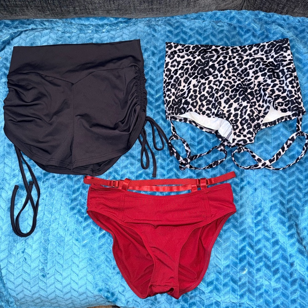 Lunalae Bikini Bottoms Bundle of 3 - Black, Burgundy Red, and Leopard Print - 8